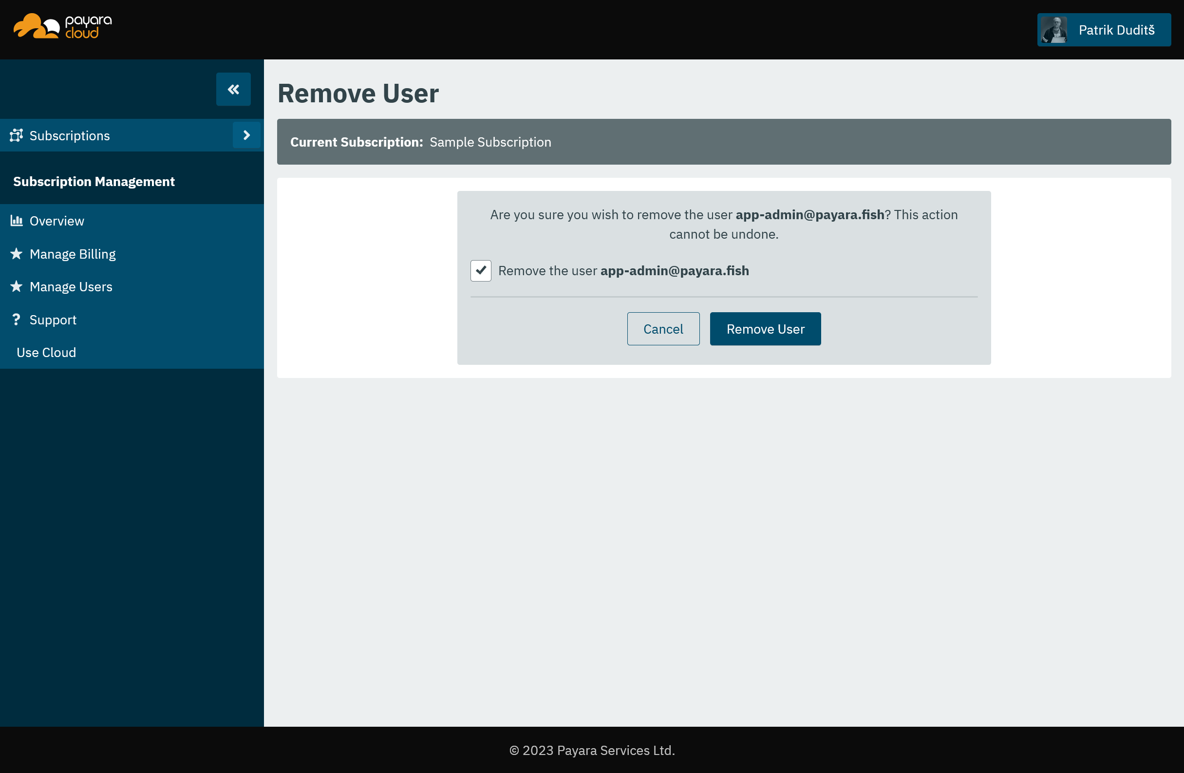 Screenshot of Remove User screen