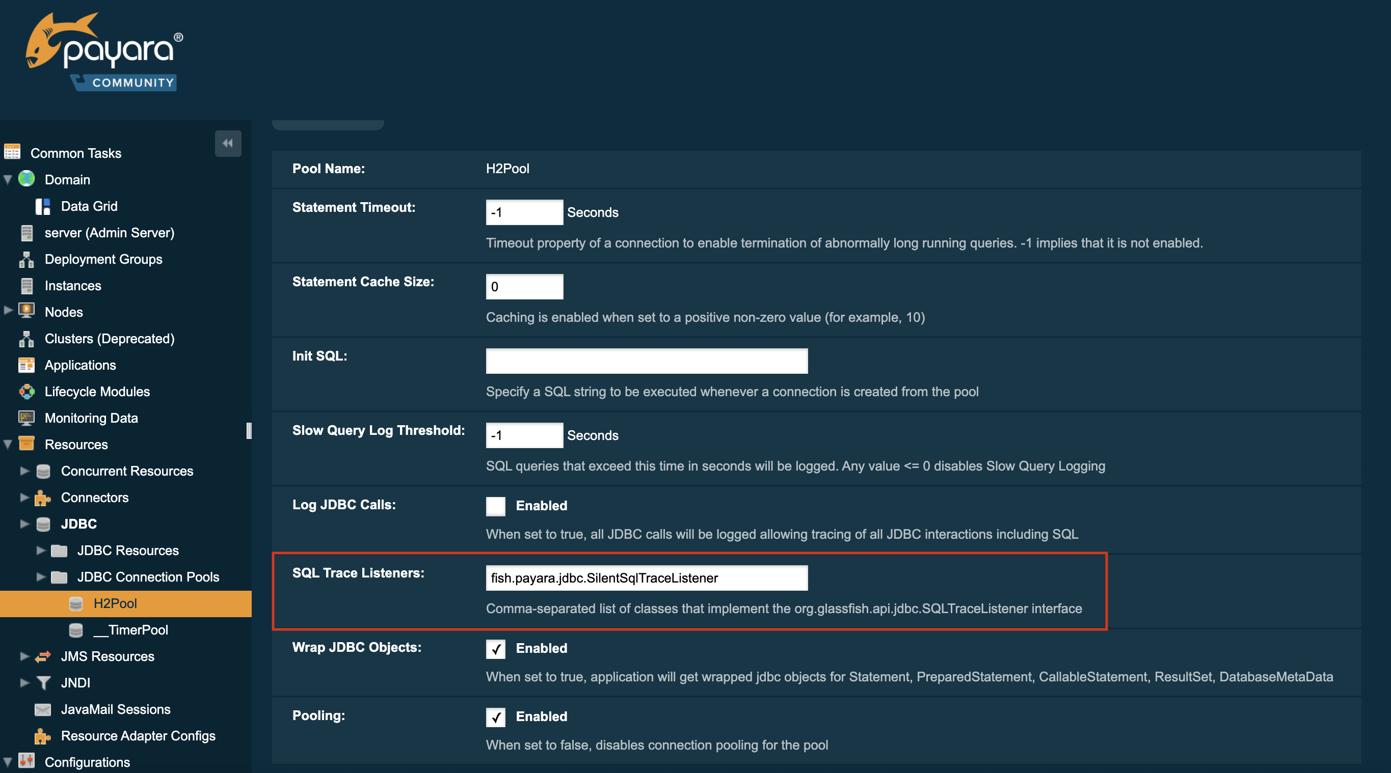 Enabling SQL Tracing in the administration console