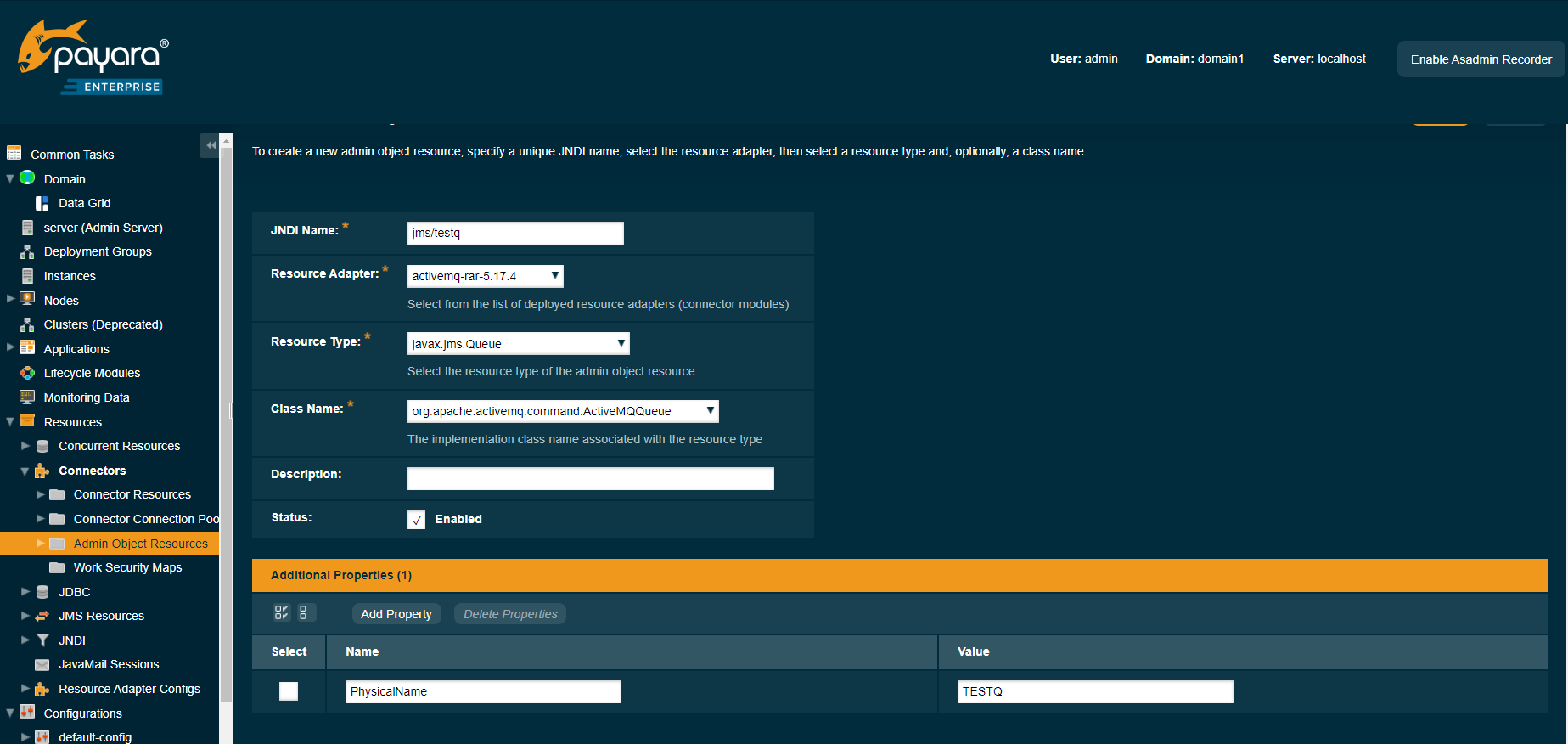 Payara Admin Console - JMS mapping