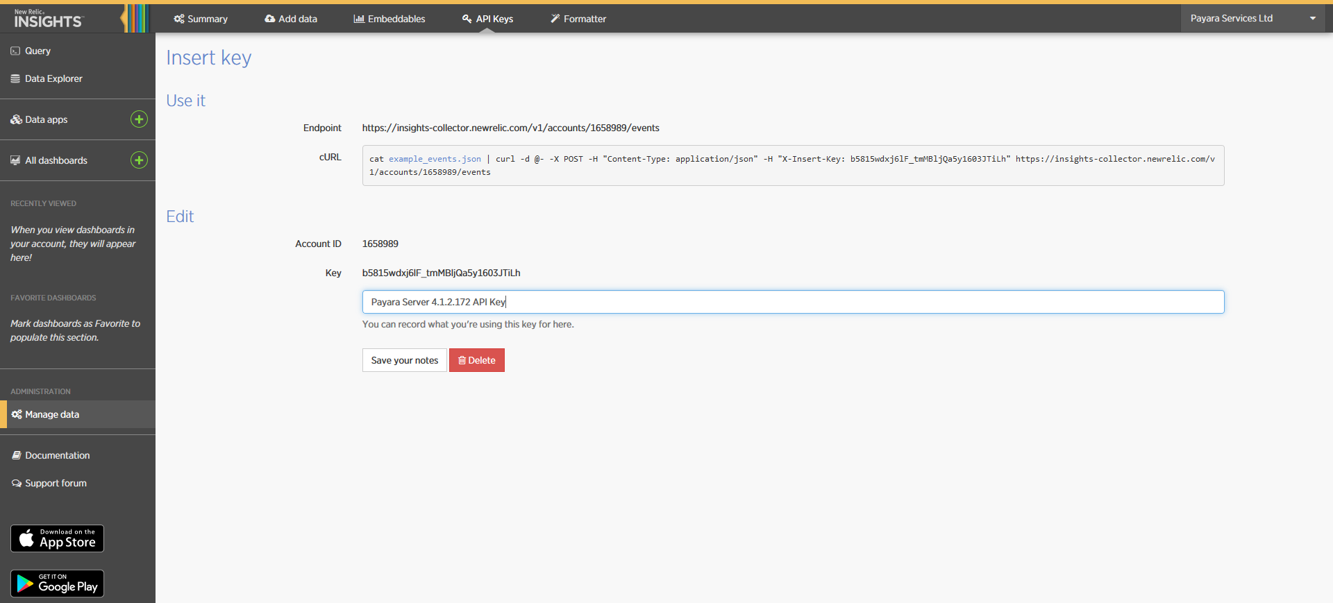 New Relic Insights Insert API Keys