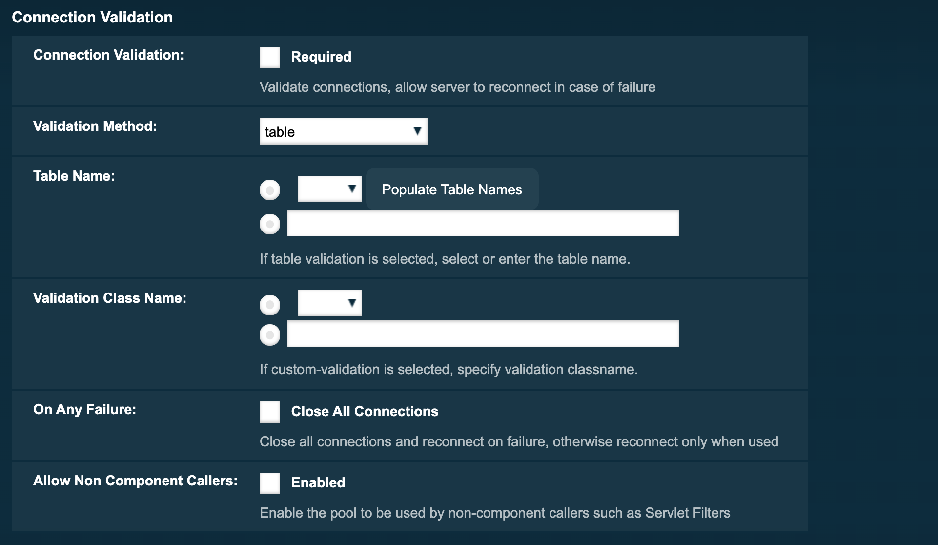 Connection validation configuration in Admin console