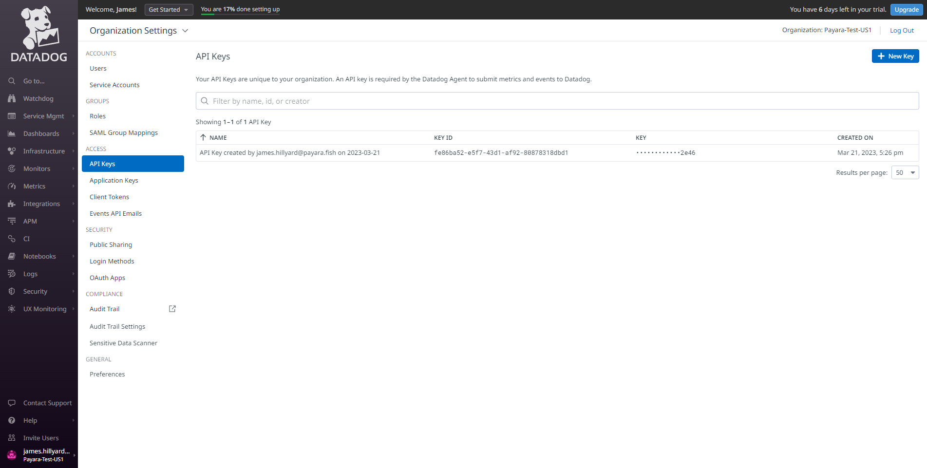 Datadog API Key Panel