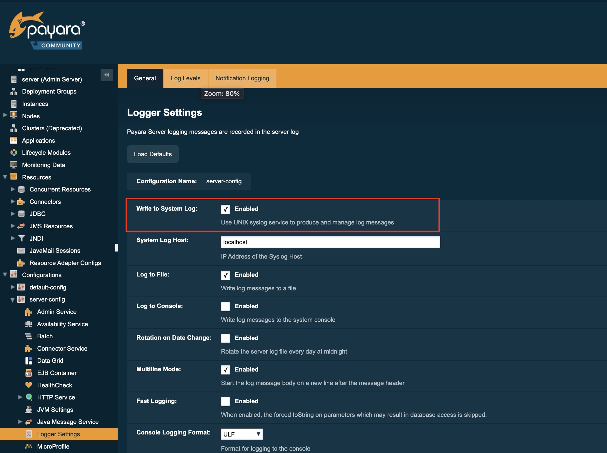 Write to System Log enabled