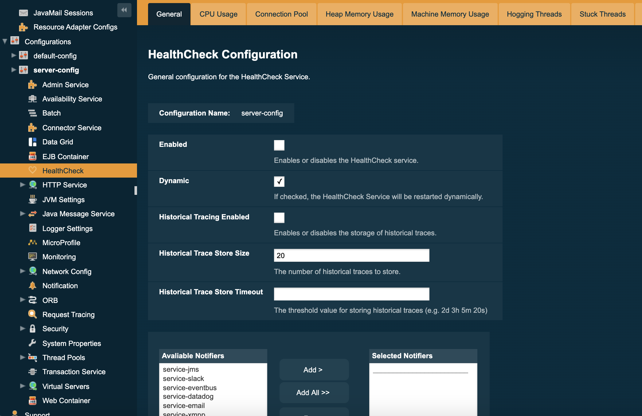 HealthCheck Configuration in the Admin Console