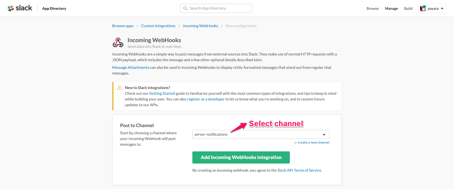 Incoming WebHook Channel Selection