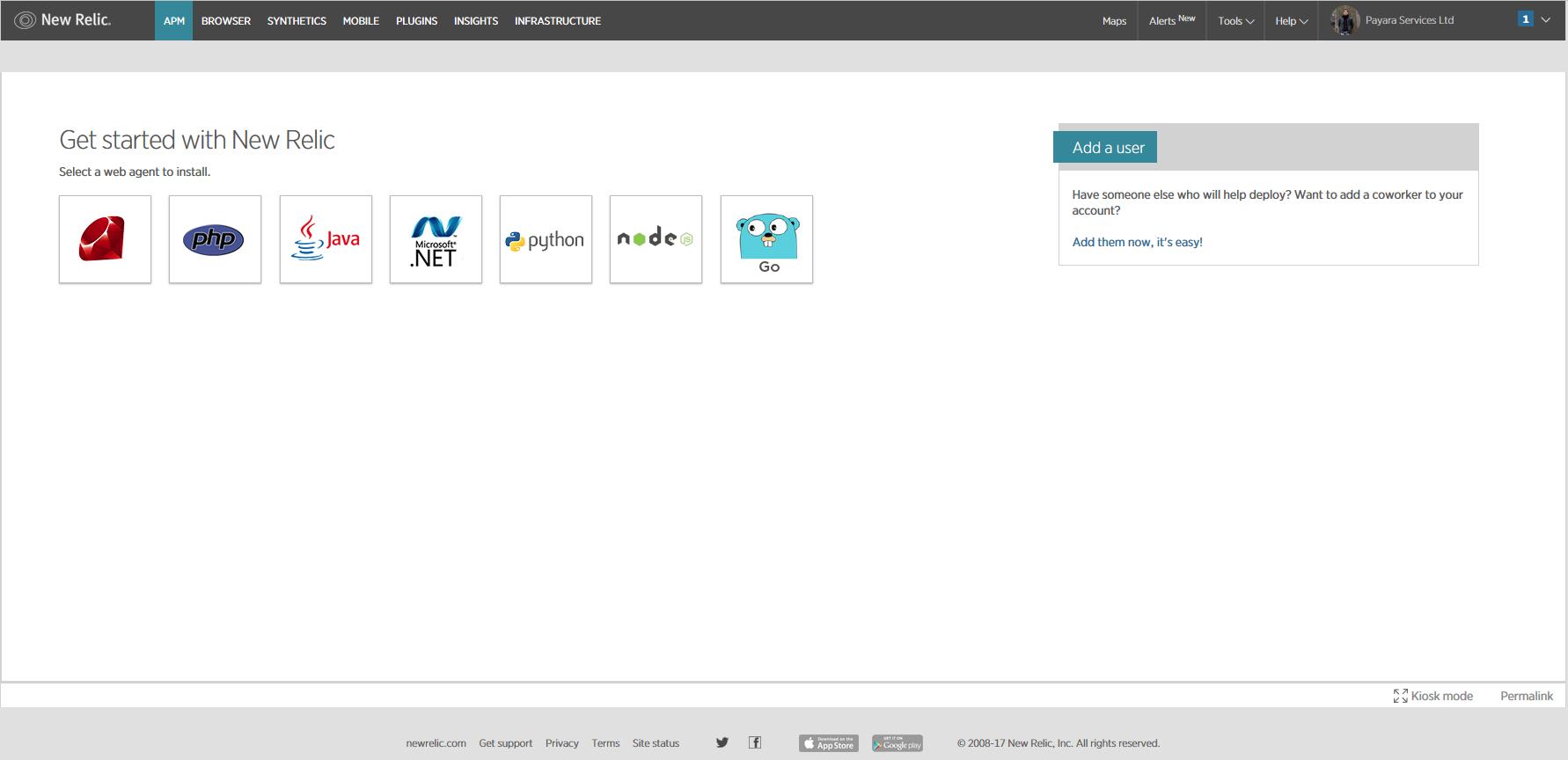 New Relic agent setup welcome screen