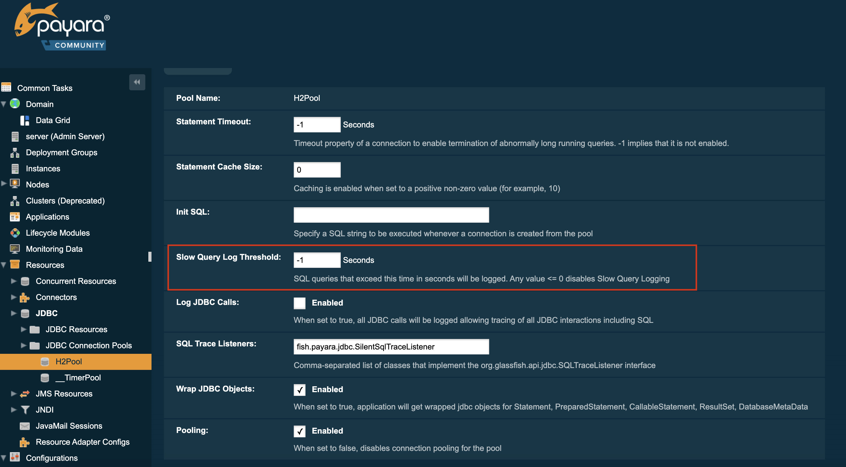 Slow SQL Logging settings in the administration console