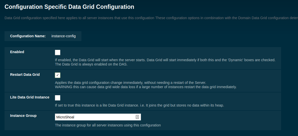 Admin Console Data Grid Enabling