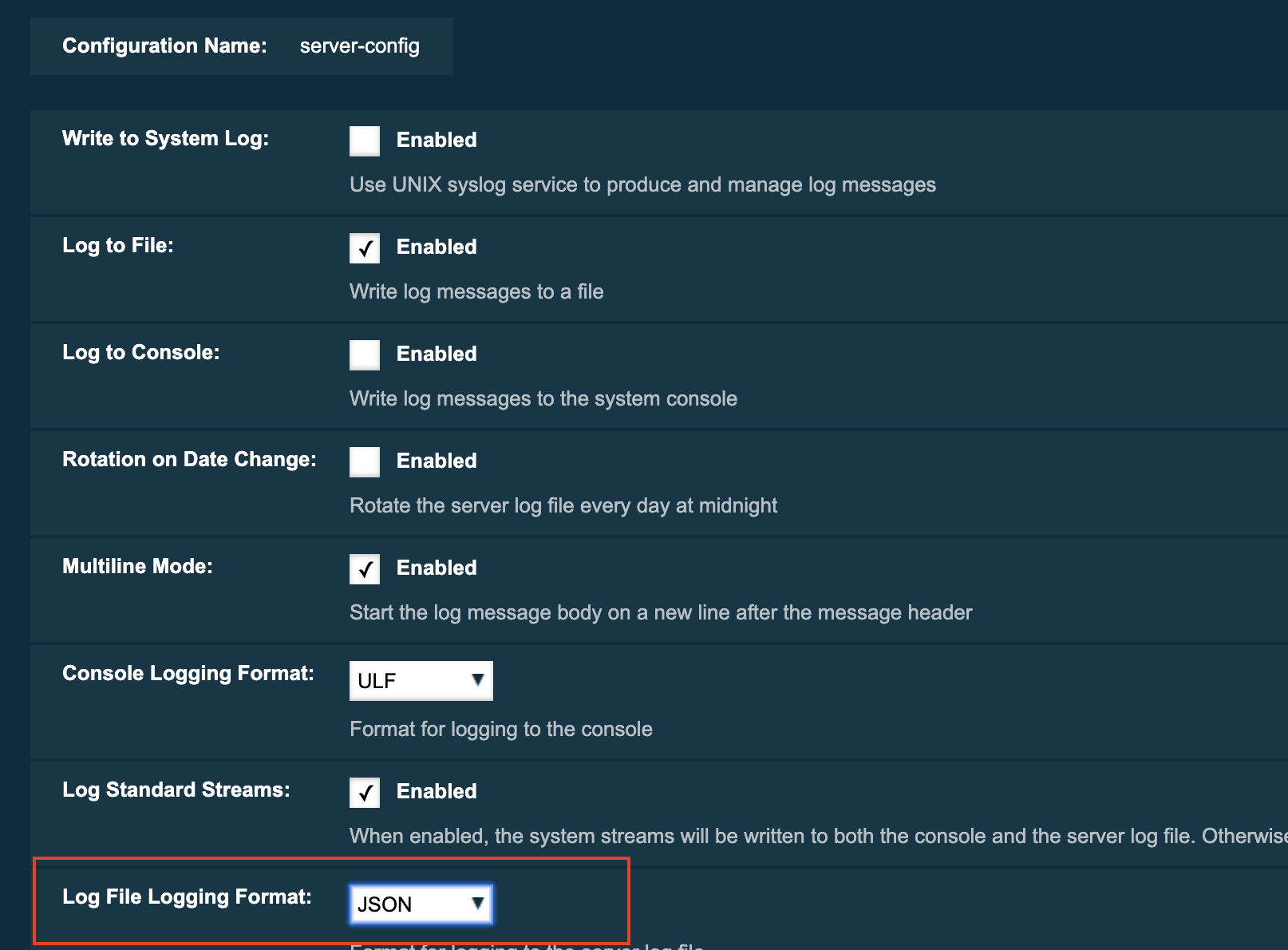 JSON format configuration in Web Console