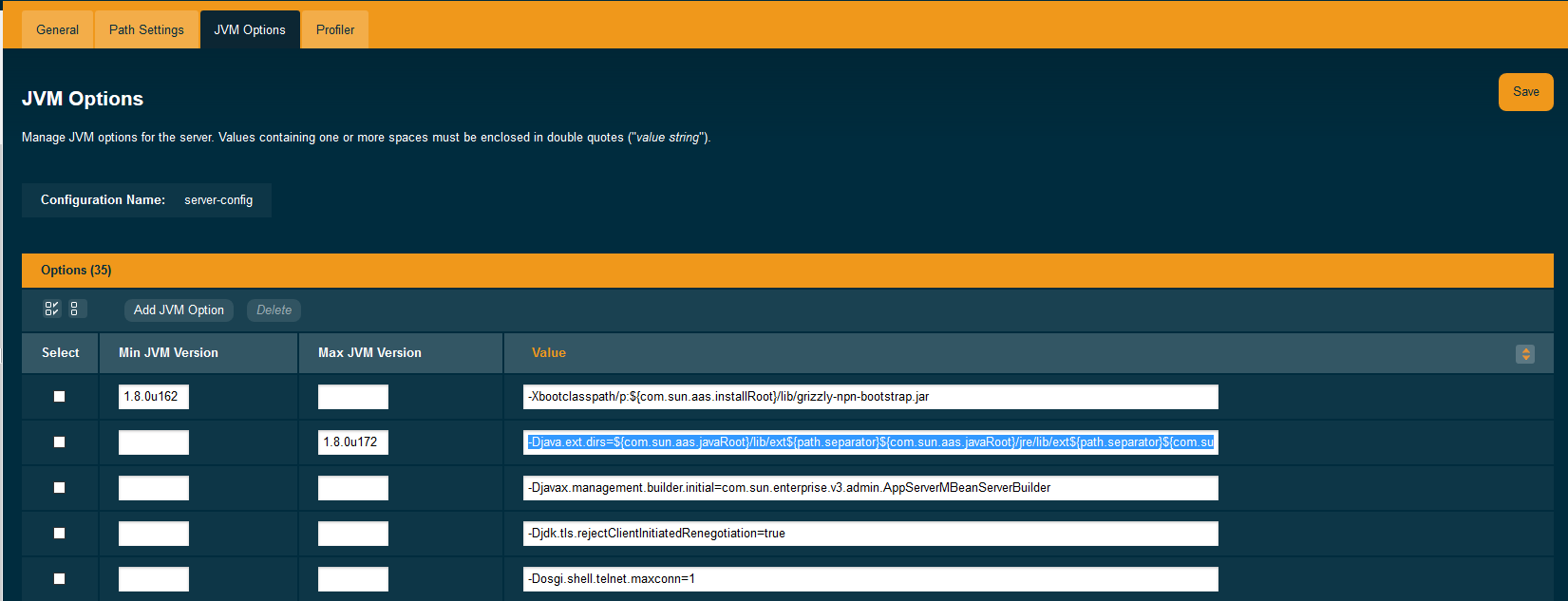 Configure JDK versions for JVM options in Admin console