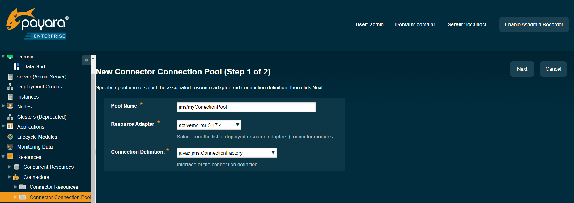 Payara Admin Console - JMS Connector Connection Pool 1