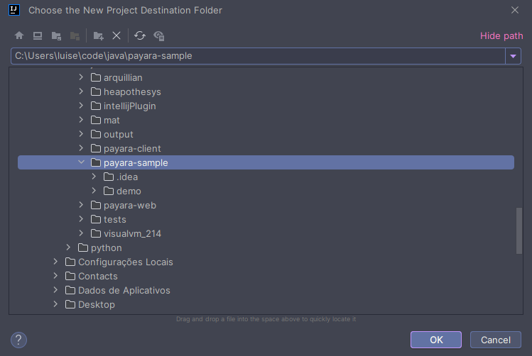 Choose Project Destination Folder