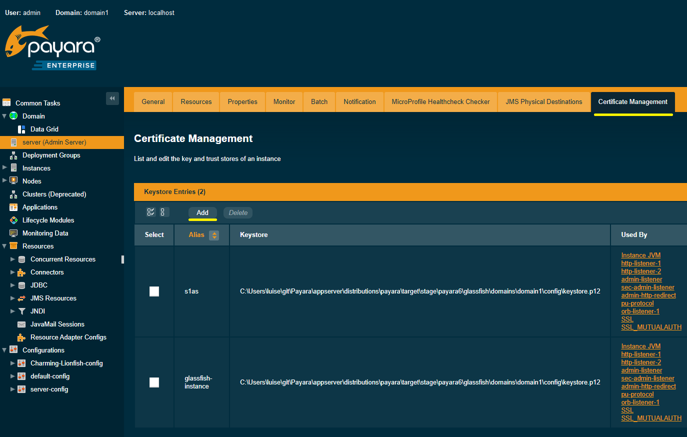 Certificate Management Add Button
