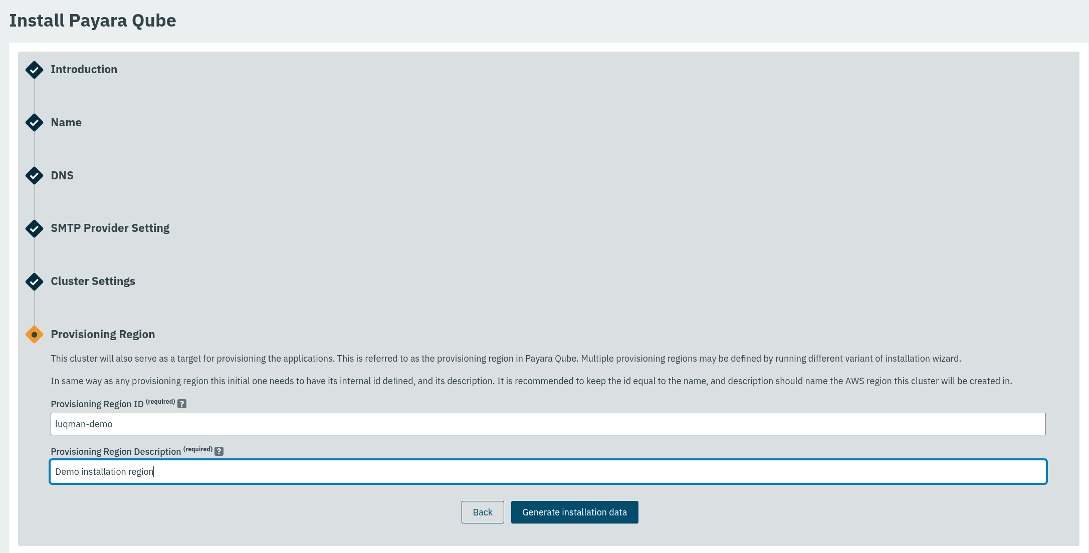 Installation Region Definition Page